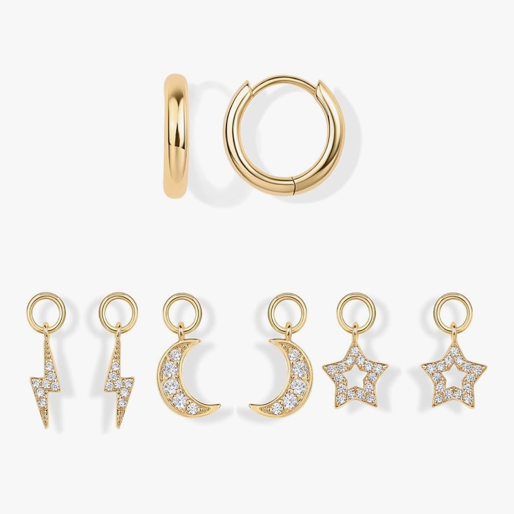NEW 14K Gold Plated Hoop and Charm Earring Set